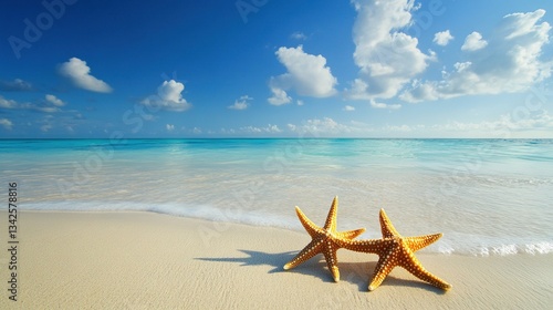 A serene tropical beach with a starfish resting on soft white sand, surrounded by crystal-clear turquoise water and lush palm trees. 