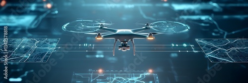 A futuristic and highly advanced drone interface displaying real time aerial maps tracking data and other critical information for tactical and surveillance missions