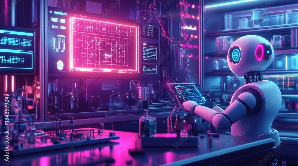 White Robot Operating In A Futuristic Neon Lit Labratory Environment For Research Purposes Involving Experimentation With Artificial Intelligence Systems Including Automation Processes For Innovation