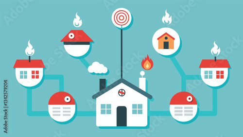 An interconnected network of smoke detectors that can communicate with each other and alert the homeowner about potential fire hazards in different areas of the house.. Vector illustration