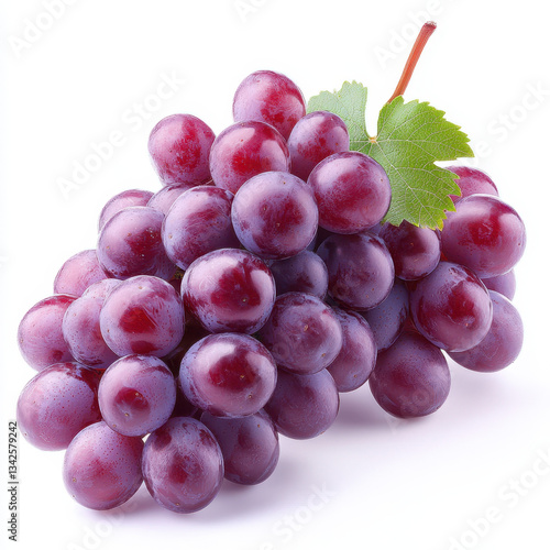bunch of fresh purple grapes with green leaf on white background