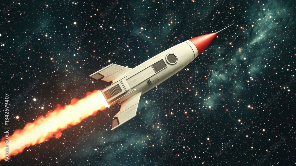 Obraz premium Retro Rocket Launching into Space Starry Night Background Spacecraft Flight