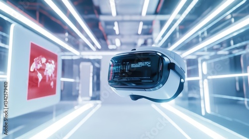 White Virtual Reality Headset In Futuristic Neon Lit Corridor