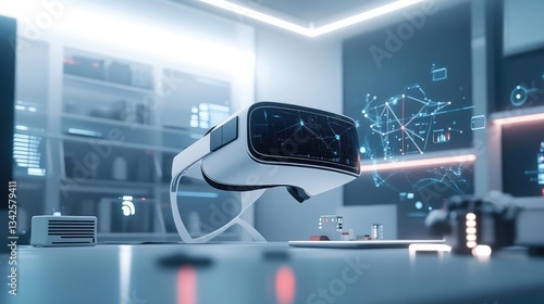 White Virtual Reality Headset on Desk in Futuristic Technology Lab
