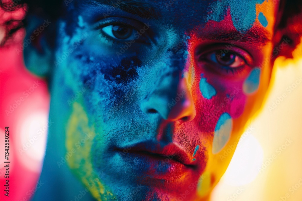 Man's Face Painted with Vibrant Neon Colors; Modern, Artistic Portrait with Blue, Red, and Yellow Paint, Abstract Makeup Look Man's Face Painted with Vibrant Neon Colors; Modern, Artistic Portrait with Blue, Red, and Yellow Paint, Abstract Makeup Look
