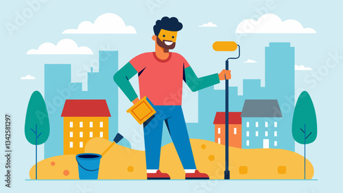 A man participating in a volunteer project to repaint a community center feeling a sense of accomplishment and pride in giving back to the community.. Vector illustration