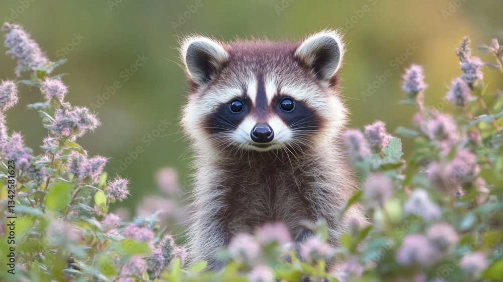 Fototapeta premium Closeup of an Adorable Baby Raccoon among Purple Flowers