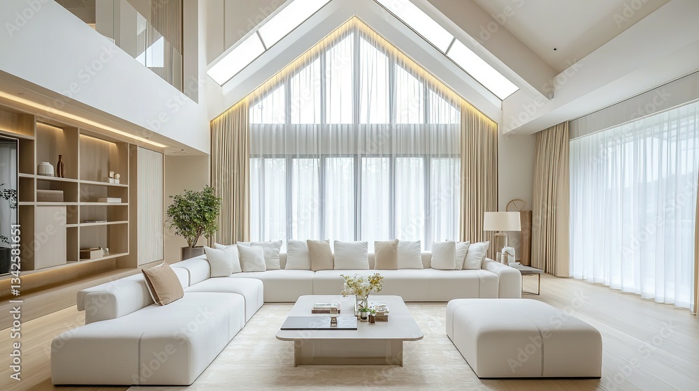 Fototapeta premium Modern living room with large sofa and high vaulted ceilings