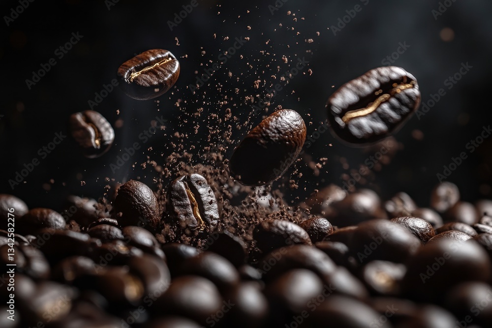 Freshly Roasted Coffee Beans - Aromatic Pile with Floating Grounds, Rich Texture, Golden Highlights, and Dark Brown Tones Freshly Roasted Coffee Beans - Aromatic Pile with Floating Grounds, Rich Texture, Golden Highlights, and Dark Brown Tones