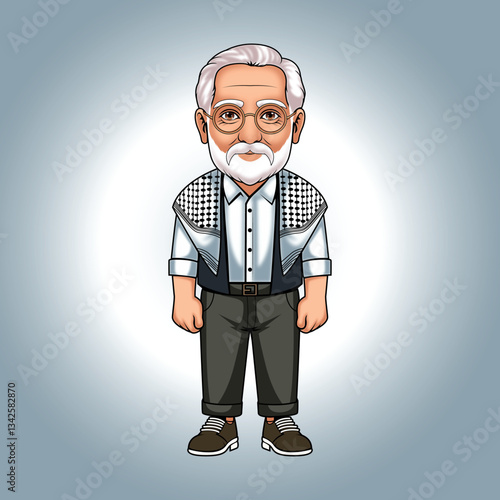 Senior Middle Eastern Man in Casual Outfit with Keffiyeh  Cartoon Vector Illustration