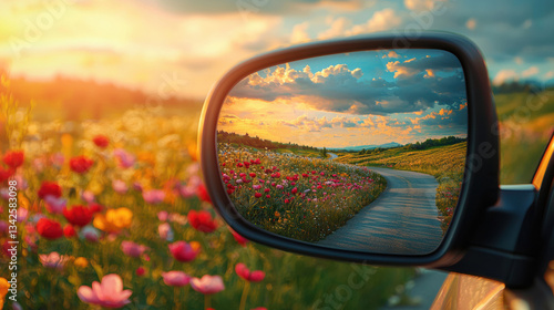 Spring break road trip. Spring break road trip with vibrant flowers and sunset reflection