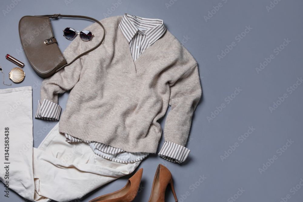 Fototapeta premium Elegant women's outfit. Stylish clothes and accessories on grey background, flat lay