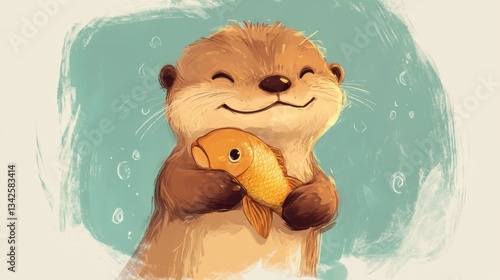Cute Otter Hugging a Goldfish on Teal Background