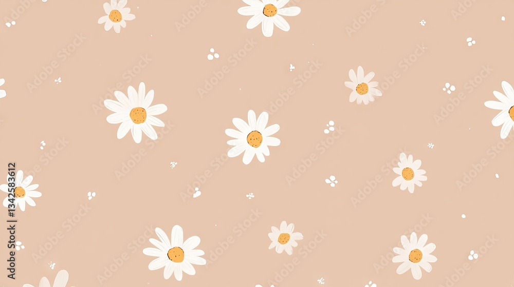 Tiny white daisies flower on a light brown background, a simple flat illustration style, a pattern design for a phone case or wallpaper, seamless. Tiny white daisies flower on a light brown background, a simple flat illustration style, a pattern design for a phone case or wallpaper, seamless.