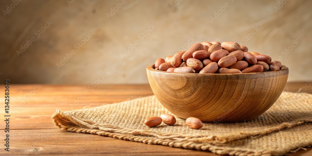A wooden bowl overflowing with shelled nuts sits on a burlap cloth, resting on a rustic wooden surface. The warm lighting enhances the natural textures and colors. A wooden bowl overflowing with shelled nuts sits on a burlap cloth, resting on a rustic wooden surface. The warm lighting enhances the natural textures and colors.