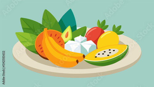 A tropicalinspired platter with a variety of fruits including mango banana and papaya accompanied by a dollop of coconut cream.. Vector illustration