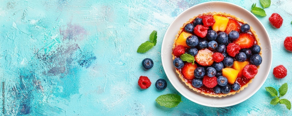A colorful fruit tart with berries and vibrant greens on a stylish plate. A colorful fruit tart with berries and vibrant greens on a stylish plate.