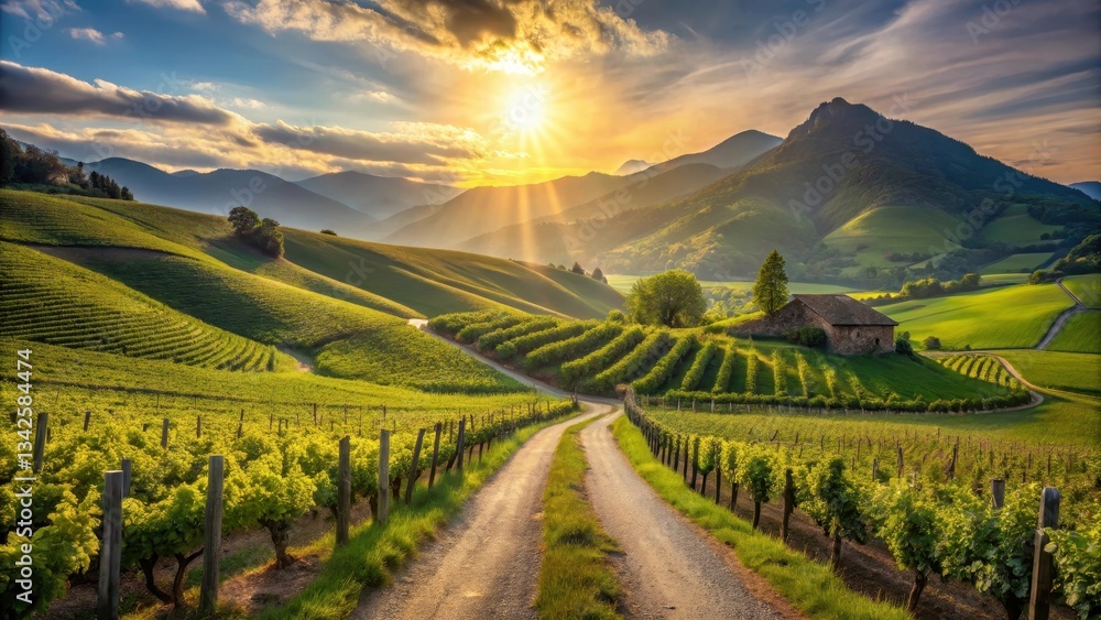 Naklejka premium Serene Vineyard Landscape at Sunset Rolling Hills, Lush Greenery, and a Rustic Farmhouse