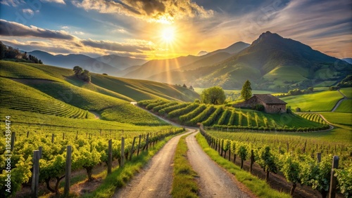 Wallpaper Mural Serene Vineyard Landscape at Sunset Rolling Hills, Lush Greenery, and a Rustic Farmhouse Torontodigital.ca