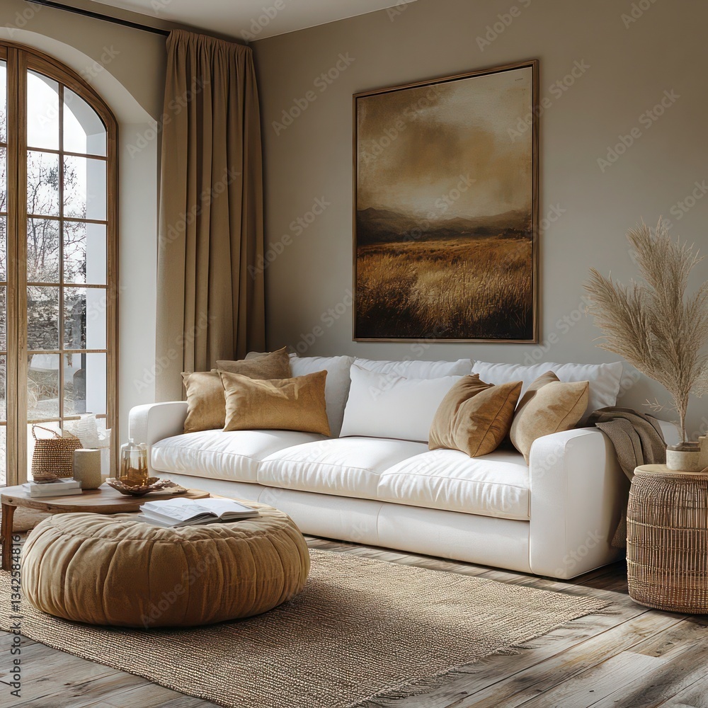 Cozy and stylish living room design with a modular white sofa, wooden furniture, wall paintings, decorations, and personal accessories. Home styling template. Cozy and stylish living room design with a modular white sofa, wooden furniture, wall paintings, decorations, and personal accessories. Home styling template.