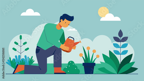 A man takes a break from his busy workday to water his plants finding peace in the repetition of the task and the fresh scent of wet earth.. Vector illustration