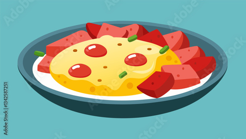 Soft scrambled eggs mixed with diced tomatoes and chunks of salty chorizo sausage.. Vector illustration