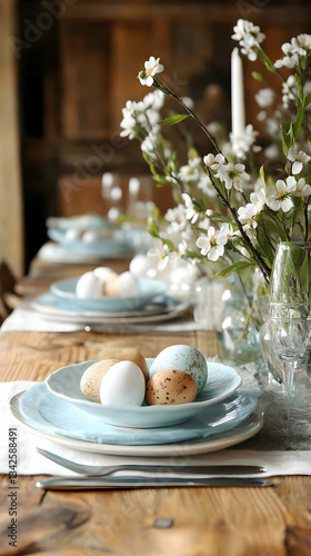 Beautiful Easter table setting with decorated eggs, white flowers in vases, and elegant tableware. A cozy, rustic scene.