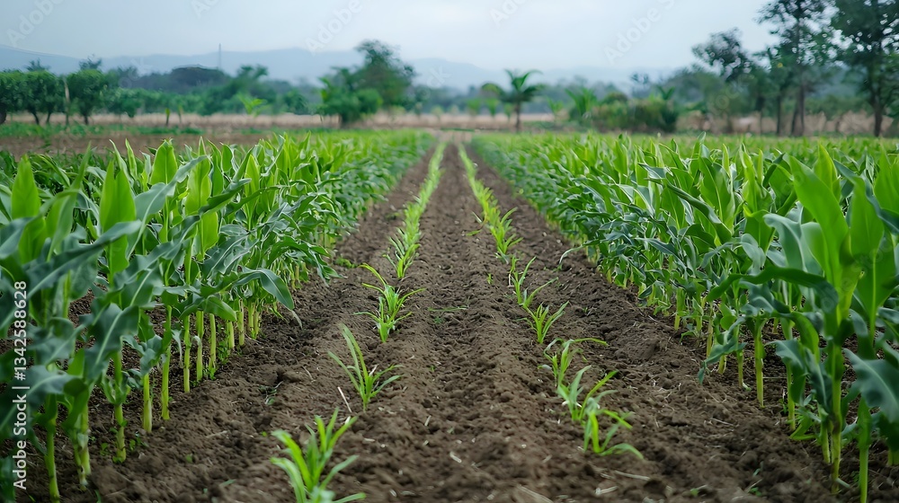 A verdant cornfield stretching across a vast rural landscape with rows of thriving corn plants and a serene natural environment A verdant cornfield stretching across a vast rural landscape with rows of thriving corn plants and a serene natural environment