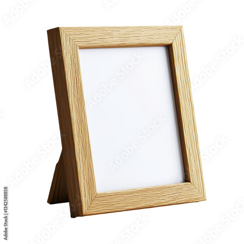 Vintage style wooden photo frame on a table, isolated on a white background.