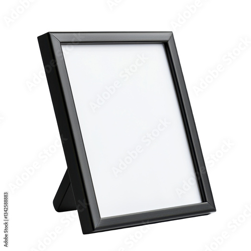 Vintage black wooden photo frame on table, isolated on white background.