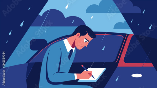 A man sits in his car in the pouring rain writing feverishly in a notebook as he works through his grief and pain over a recent loss.. Vector illustration