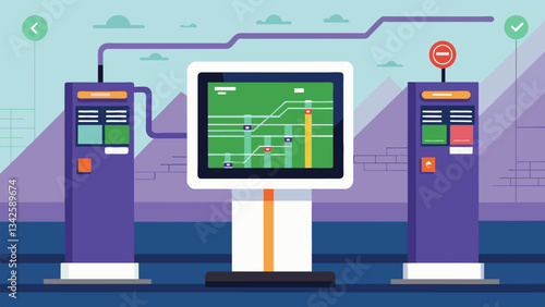 An interactive kiosk at a subway station providing realtime information on train schedules delays and alternate routes using data from the transportation authority.. Vector illustration