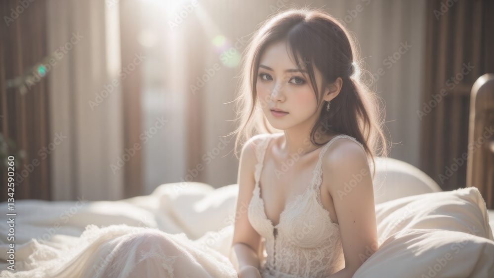 Serene Asian Woman in Lace Lingerie on Bed in Soft Morning Light | Beauty, Intimacy, Relaxation Serene Asian Woman in Lace Lingerie on Bed in Soft Morning Light | Beauty, Intimacy, Relaxation