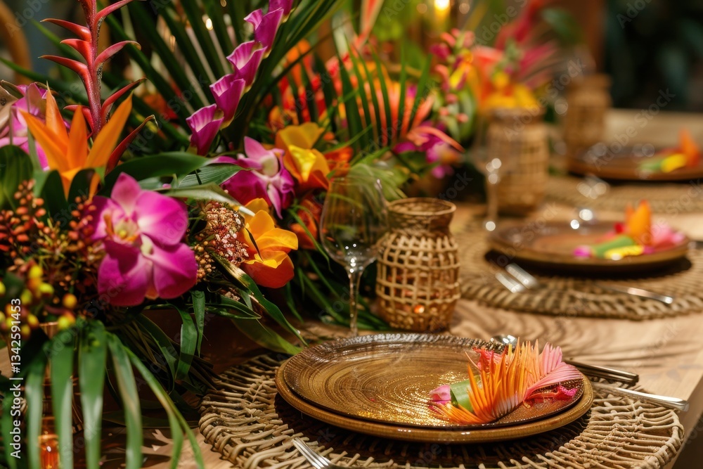 Naklejka premium Vibrant tropical table setting for an evening feast in a garden with flowers, candles, and greenery