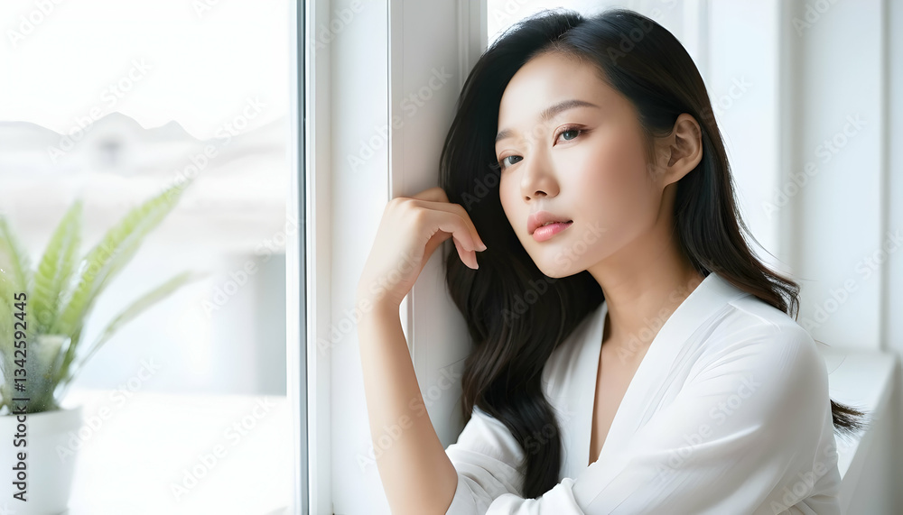 Serene Asian Woman Gazing Thoughtfully Out Window: Contemplation, Mindfulness, and Quiet Moments at Home Serene Asian Woman Gazing Thoughtfully Out Window: Contemplation, Mindfulness, and Quiet Moments at Home