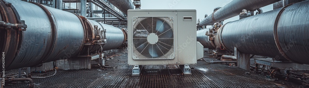 Industrial air conditioning unit amidst large pipes in a factory setting. Industrial air conditioning unit amidst large pipes in a factory setting.