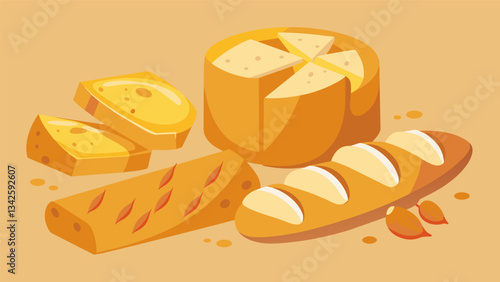A spread of crusty baguette slices and tangy cheddar cheese perfect for an afternoon picnic.. Vector illustration