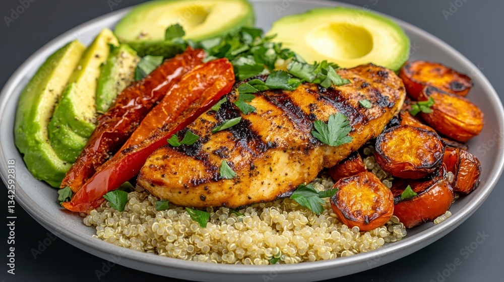 Grilled Chicken with Quinoa and Fresh Vegetables on Plate Grilled Chicken with Quinoa and Fresh Vegetables on Plate