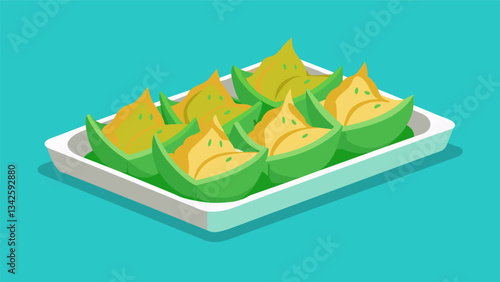 A tray of bitesized spanakopita a Greek pastry filled with spinach and feta cheese for a flavorful and effortless party snack.. Vector illustration