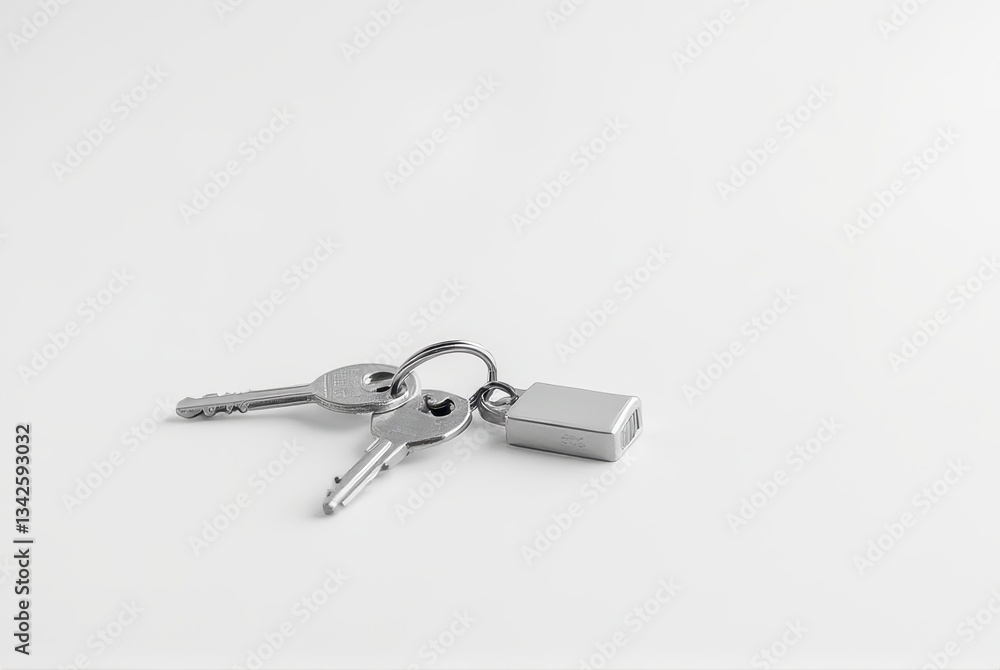 Modern Keys with Metal Keychain on White Background Modern Keys with Metal Keychain on White Background