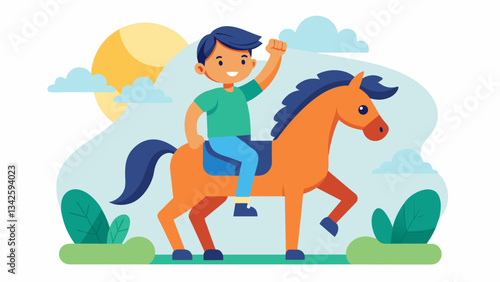 A child with developmental delays challenges themselves on the back of a horse building strength coordination and selfesteem.. Vector illustration