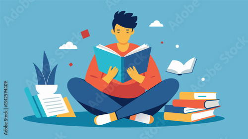 A man leisurely flips through the pages of a novel completely engrossed in the story and disconnected from digital distractions on his dopamine fasting day.. Vector illustration