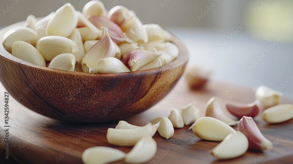Fresh Garlic Cloves in a Wooden Bowl on a Rustic Table Fresh Garlic Cloves in a Wooden Bowl on a Rustic Table
