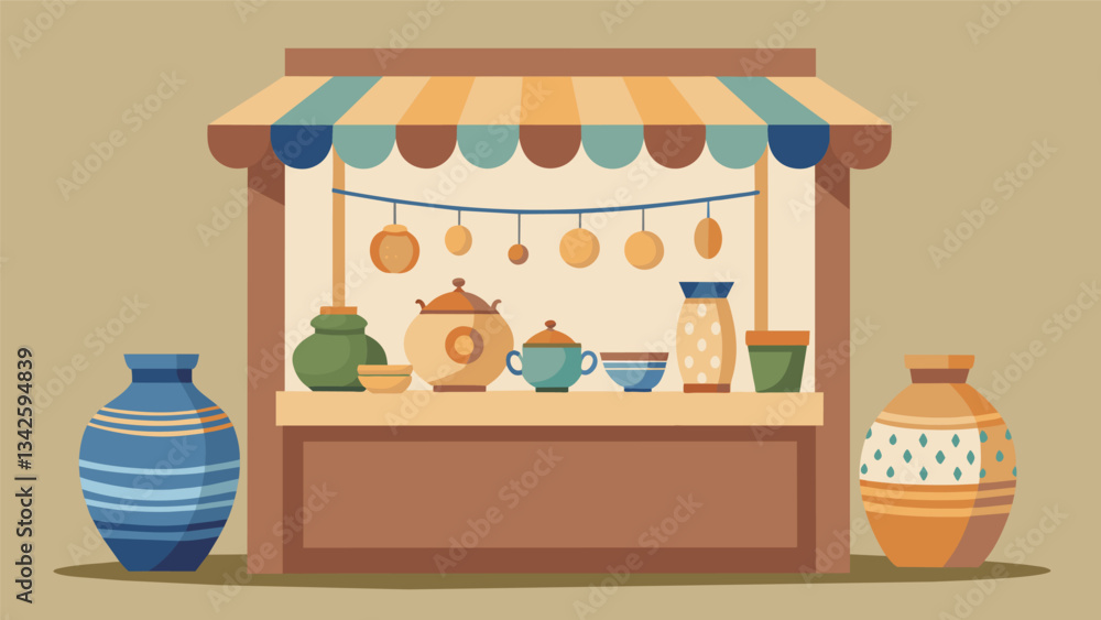 Obraz premium A booth filled with delicate handpainted pottery the result of years of practice and patience from the elderly potter.. Vector illustration