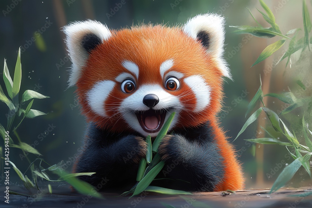 Obraz premium Adorable Red Panda Enjoying Bamboo in a Lush Forest Setting During Daylight Hours, Displaying a Playful and Curious Expression