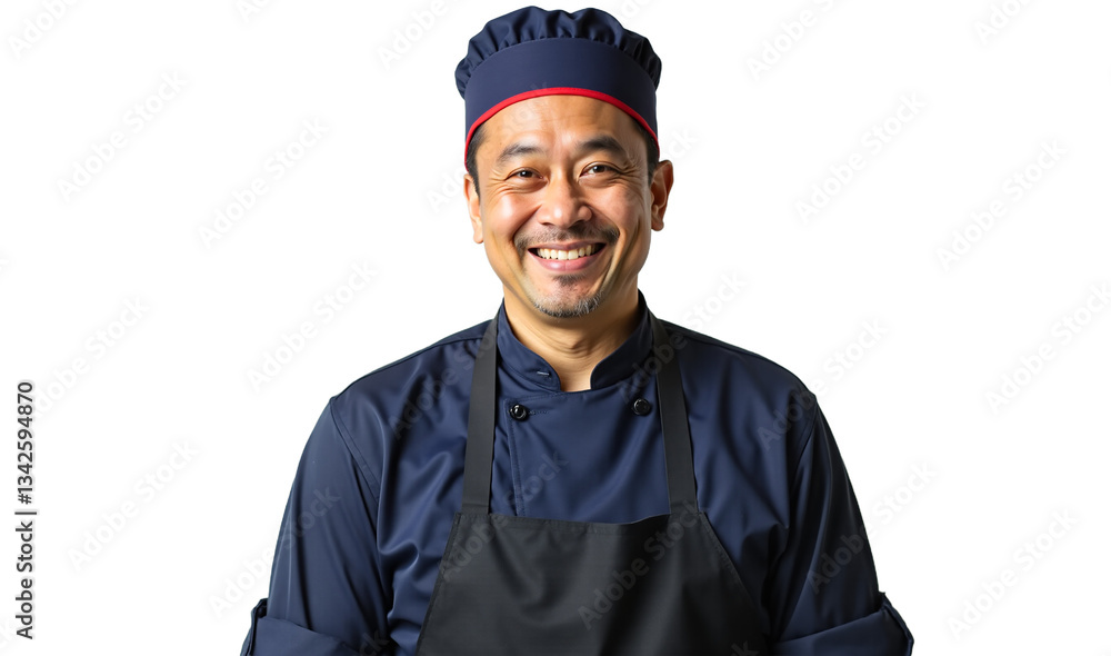 Smiling Japanese pastry chef portrait. Middle-aged man in uniform, isolated on white background. Professional baker, catering, food industry. Isolated on transparent background. Smiling Japanese pastry chef portrait. Middle-aged man in uniform, isolated on white background. Professional baker, catering, food industry. Isolated on transparent background.