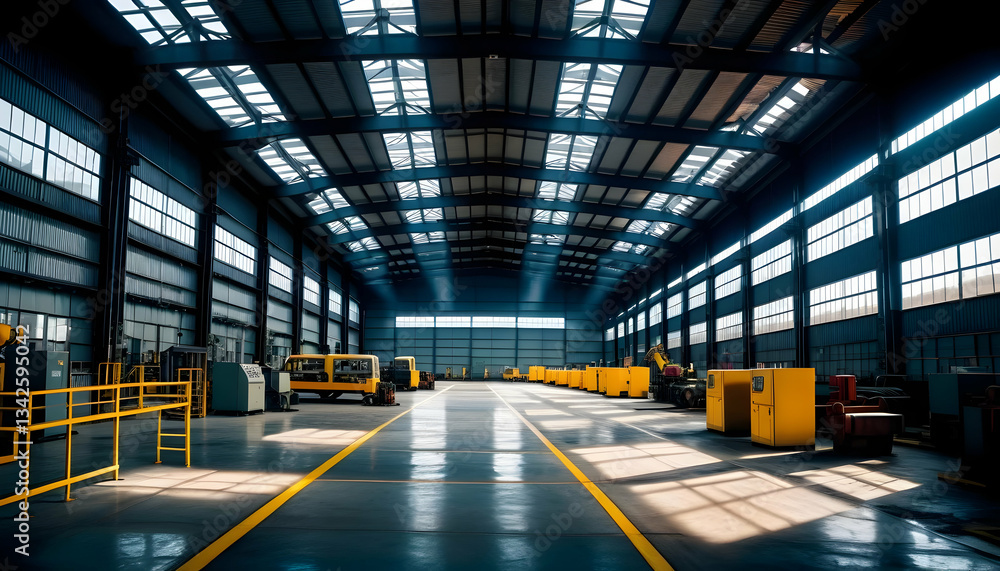 Modern Empty Factory Floor with Machinery and Sunlight Streaming Through Windows: Industrial Manufacturing Space Modern Empty Factory Floor with Machinery and Sunlight Streaming Through Windows: Industrial Manufacturing Space