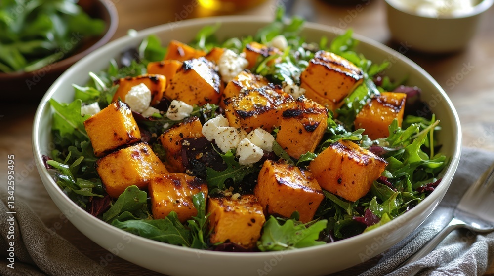 A symphony of flavors and textures unfolds in this Autumn salad, featuring tender grilled pumpkin chunks, crumbled feta cheese, and a vibrant mix of seasonal greens, all harmoniously bound by a light A symphony of flavors and textures unfolds in this Autumn salad, featuring tender grilled pumpkin chunks, crumbled feta cheese, and a vibrant mix of seasonal greens, all harmoniously bound by a light