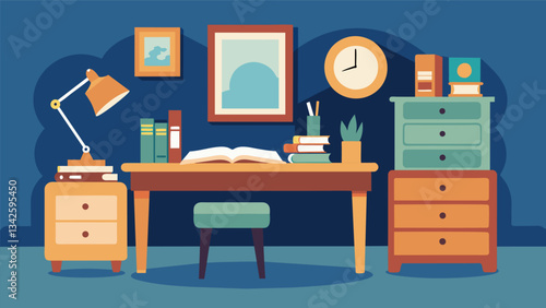 A charming bedroom with a vintage desk and a collection of stationery suggesting the use of pen and paper instead of technology before bed.. Vector illustration