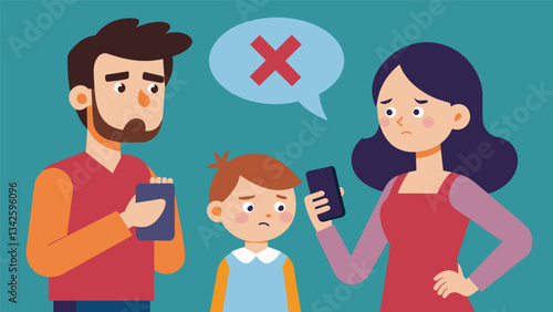 A Gen X couple arguing about whether or not to allow their child to have a smartphone at such a young age.. Vector illustration